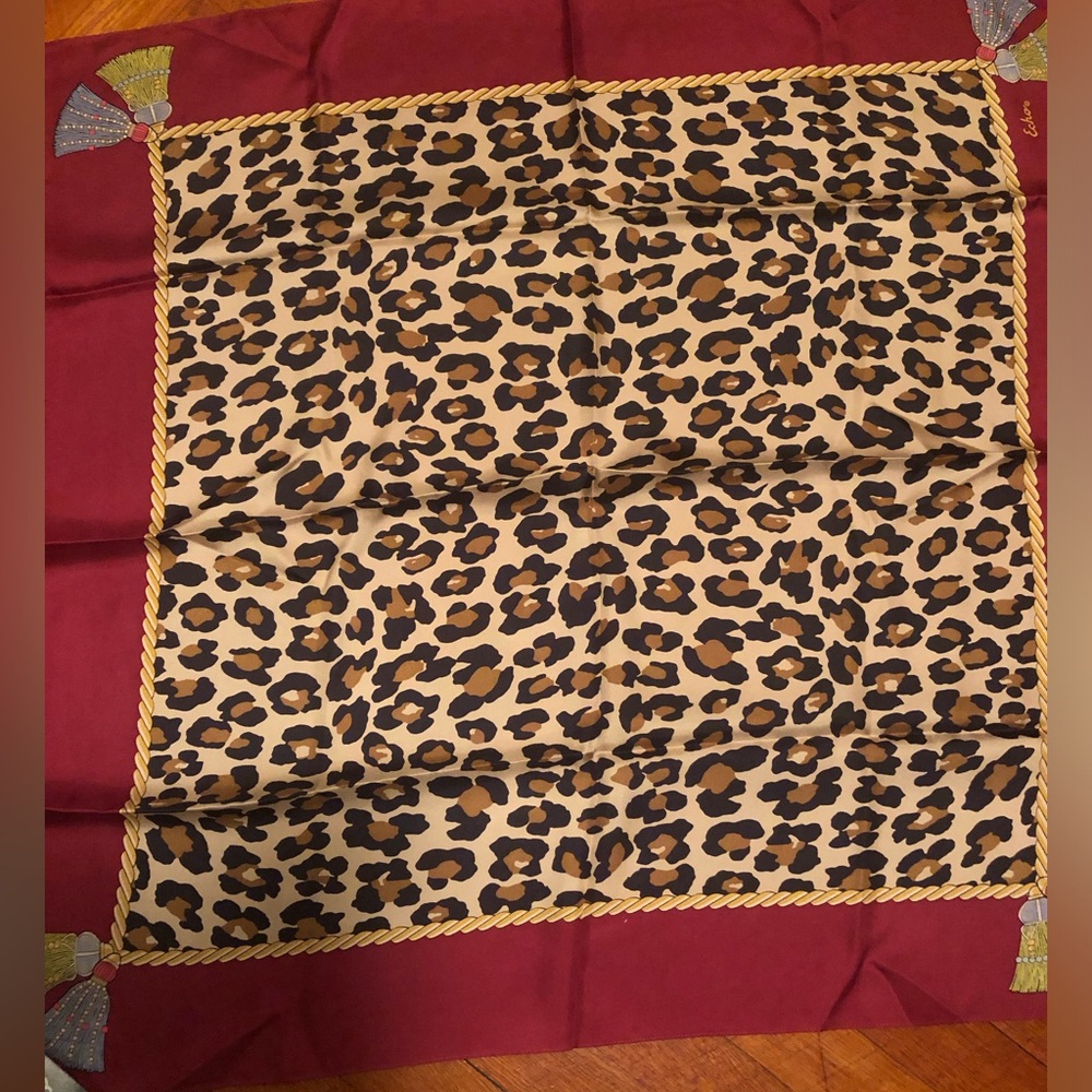 NWT Chic Echo Leopard Print 100% Silk Scarf with Burgundy Border and Tassels-34”